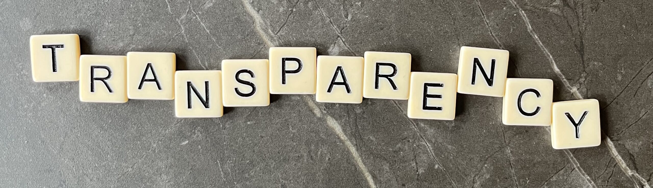 A photo of letters spelling out Transparency on a stone background